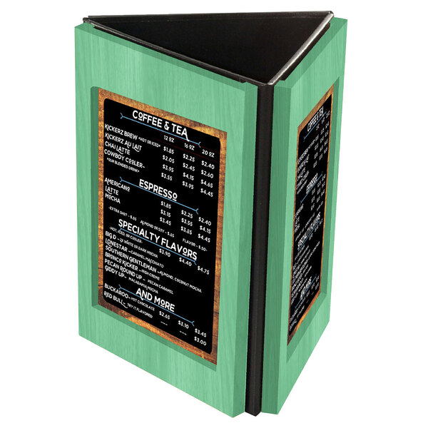 A green Menu Solutions Charleston wooden table tent holding a menu on a counter.