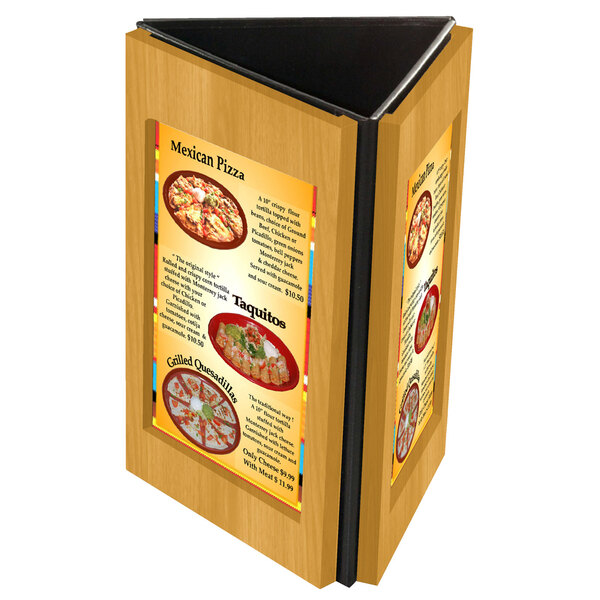 A Menu Solutions wooden table tent with a menu on it.