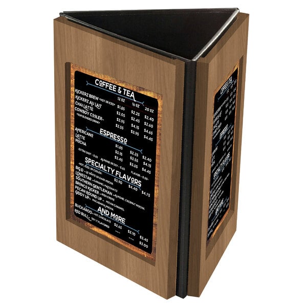 A Menu Solutions wooden table tent with three views holding menus on a counter.