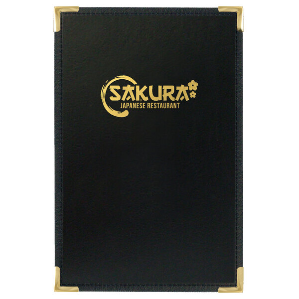 A black leather Menu Solutions menu cover with gold trim and text.