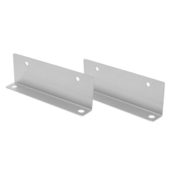 A pair of metal brackets with holes on them.