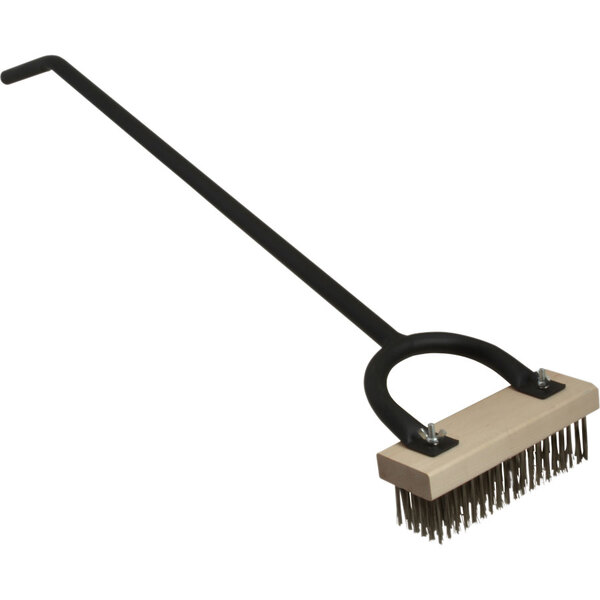 A Texas Grill Brush with a long black handle and metal bristles.