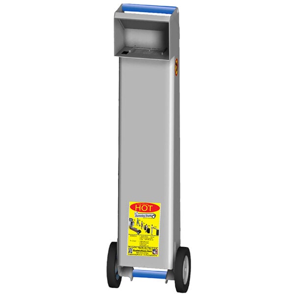 A silver rectangular Shortening Shuttle waste oil container with wheels.