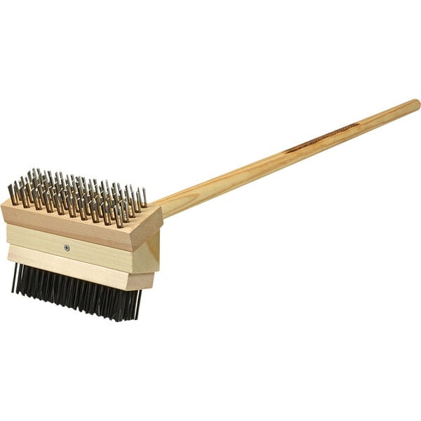 A wooden brush with metal bristles on a wooden handle.