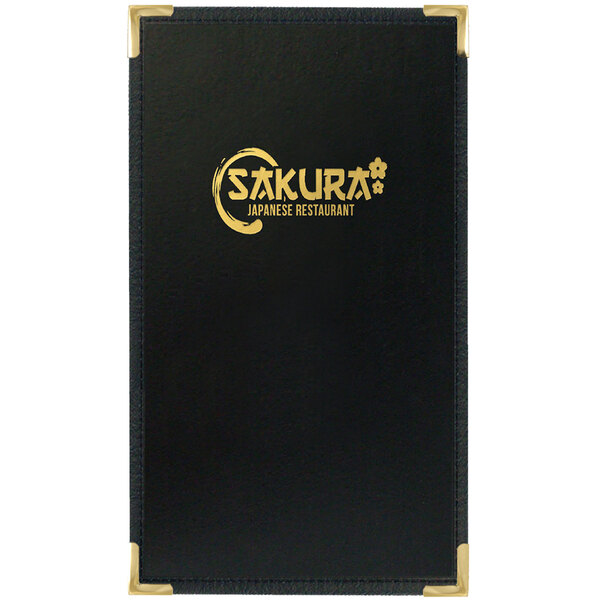 A black leather-like Menu Solutions menu cover with gold trim and the word "Royal" in gold.