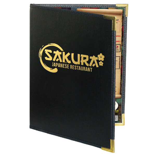 A black Menu Solutions Royal Select Series leather-like menu cover with gold text on it.
