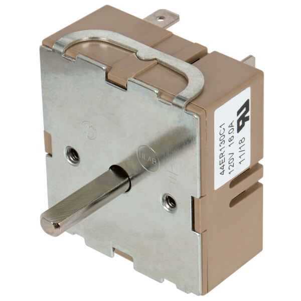 An Avantco infinite switch with a metal handle and brown and white wires.
