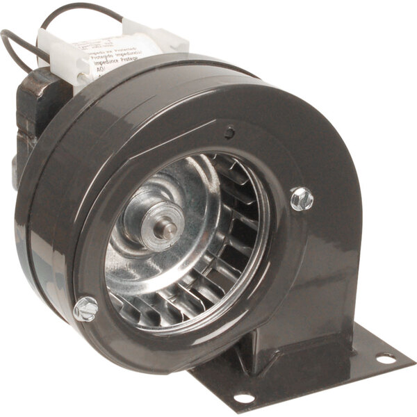A black metal FMP blower motor assembly with a wire.
