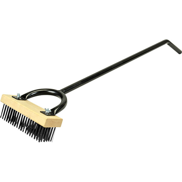 A Texas Grill Brush with a long black metal handle and carbon steel bristles.