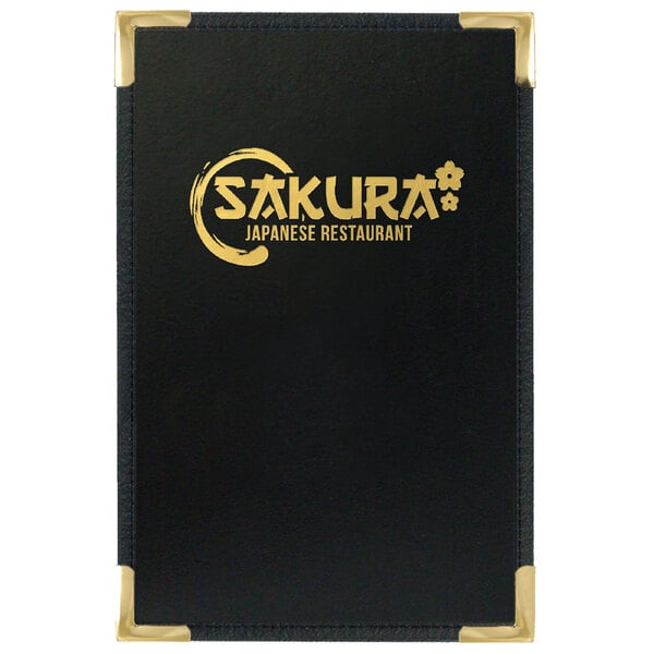 A black Menu Solutions Royal Select leather-like menu cover with gold trim and text.