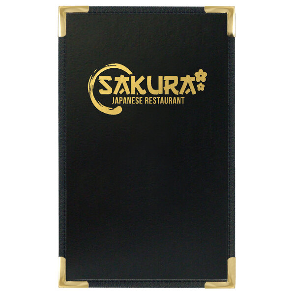 A black leather-like Menu Solutions menu cover with gold trim and text.