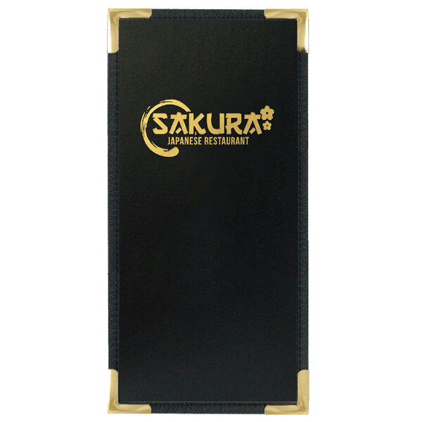 A black leather-like rectangular menu cover with gold trim and text.