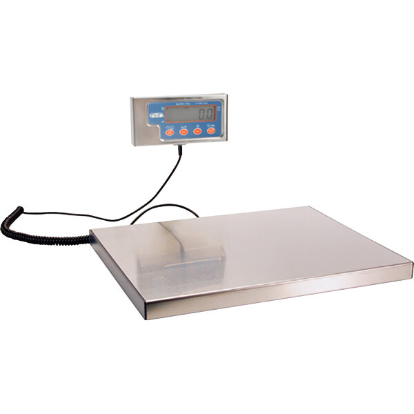 A silver FMP digital receiving scale with a black cord and a rectangular digital display.