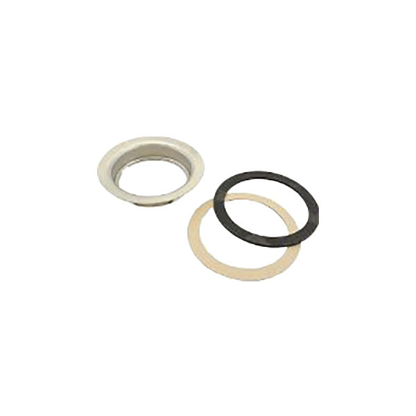 A white circular Fisher clamping ring with rubber gaskets inside.