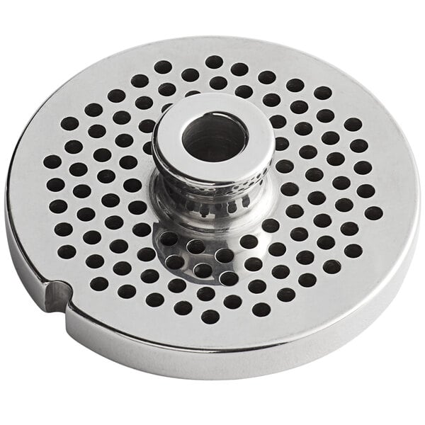 An Avantco stainless steel grinder plate with 1/8" holes.