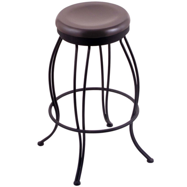 A black steel bar stool with a dark cherry maple wood seat.