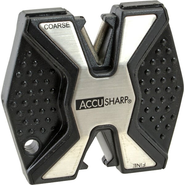 A black and silver Accusharp® knife sharpener with a black circle logo on the handle.