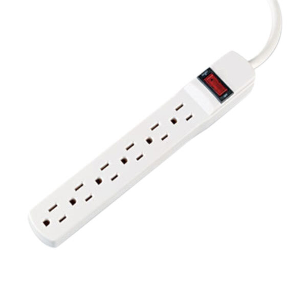 An Innovera ivory power strip with red lights on it.