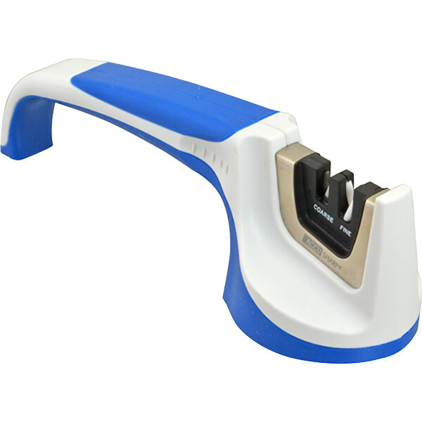 A white and blue Accusharp pull-through knife sharpener.