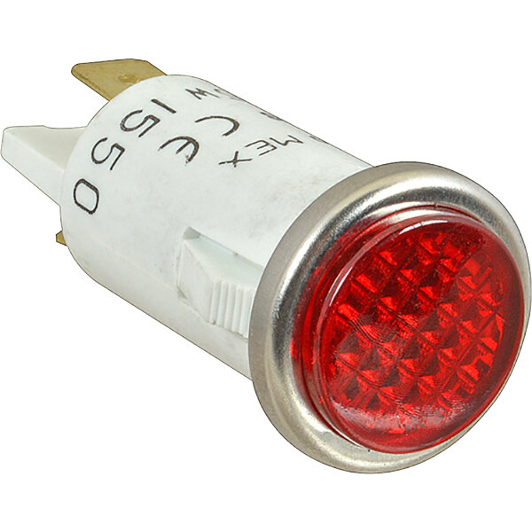 A close-up of a red indicator light with a metal base and cap.