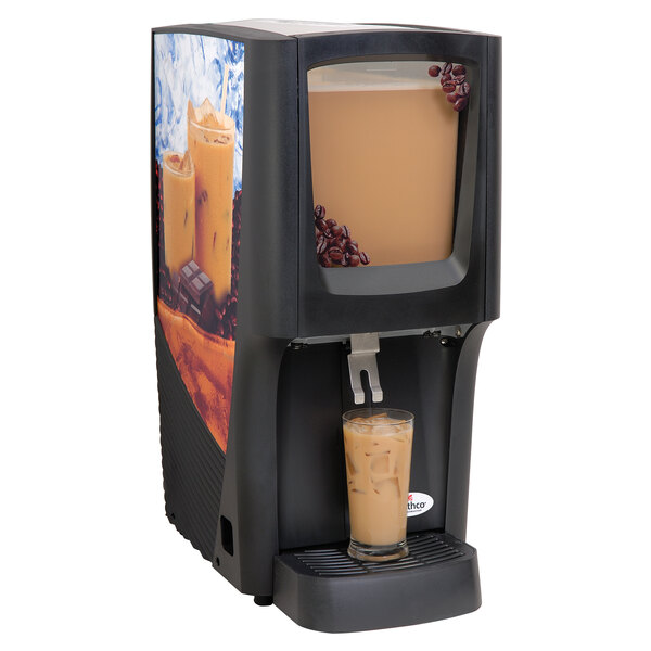 A Crathco refrigerated beverage dispenser with a glass of iced coffee.