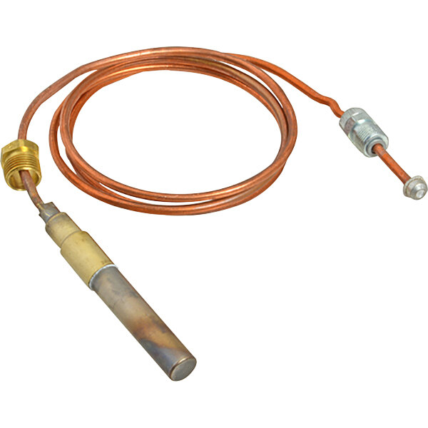 A copper and brass temperature probe with a copper wire and a metal rod.