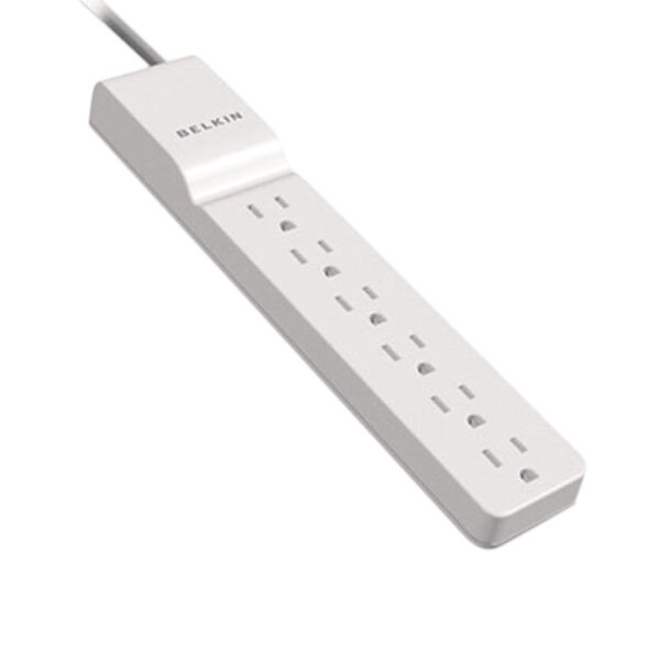 A white Belkin power strip with a power cord and rotating plug.