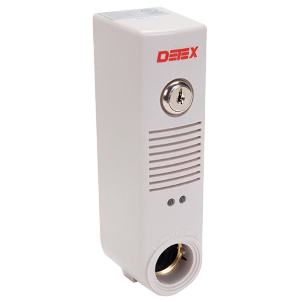 A white rectangular Detex exit door alarm with a red button and keyhole.