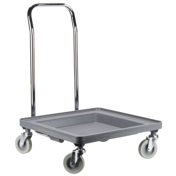 A gray cart with wheels and metal handles.