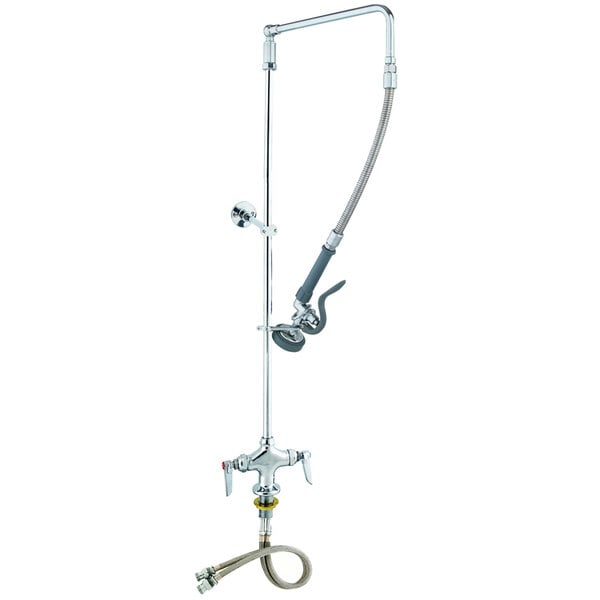 A T&S pre-rinse faucet with a hose and swivel arm.