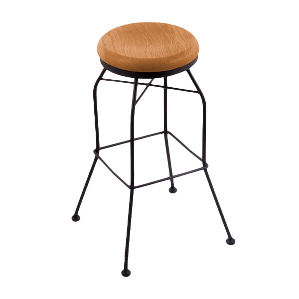 A Holland Bar Stool black wrinkle steel bar stool with a medium oak wood seat.