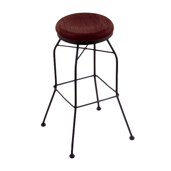 A black wrinkle steel Holland Bar Stool with a dark cherry maple wood seat.