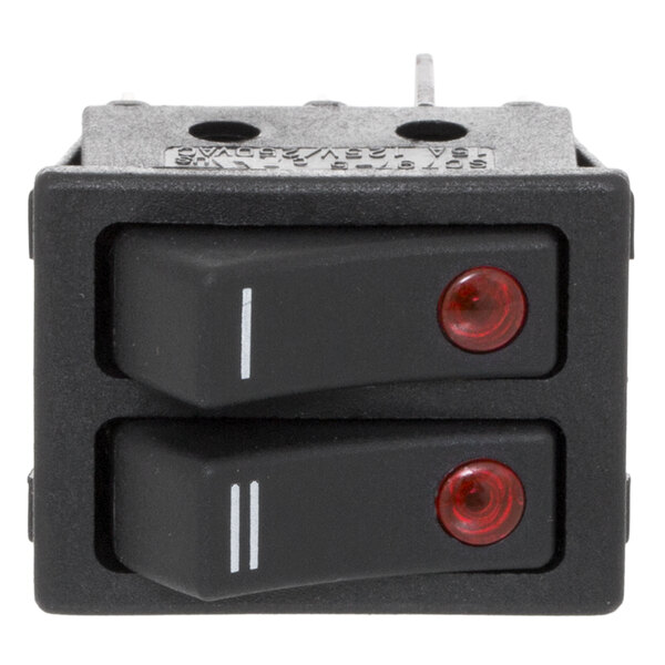 A close up of a black Avantco On / Off switch with two red lights.