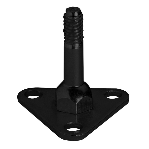 A black metal foot plate with a black screw on it.
