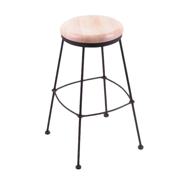 A Holland Bar Stool black wrinkle steel counter height stool with natural maple wood seat.