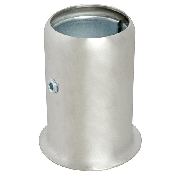 A silver stainless steel pipe with a nut on the end.