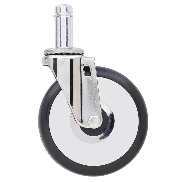 A close-up of a Metro resilient rubber swivel stem caster with a black and silver wheel.