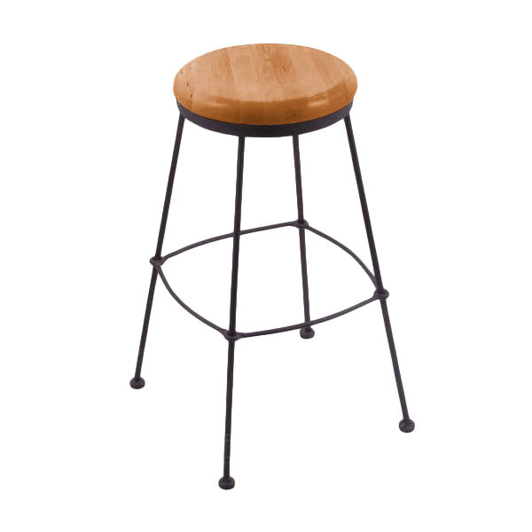 A black wrinkle steel counter height stool with medium oak wood seat.
