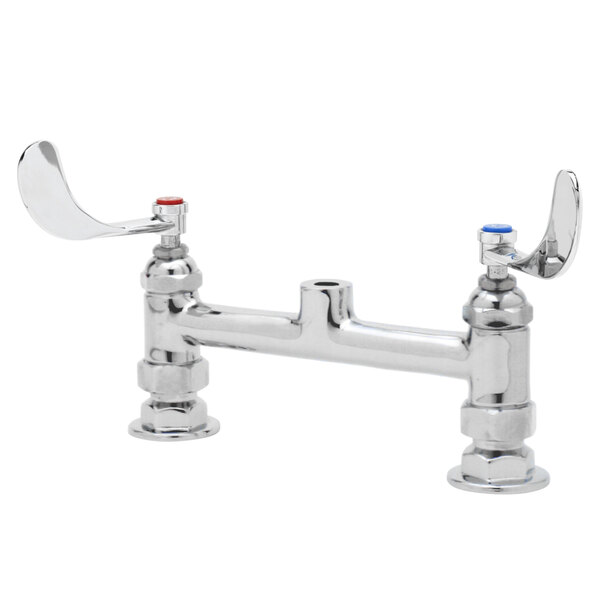 A white B-0220-LN-WH4 deck mounted faucet base with two swivel outlets and wrist handles.