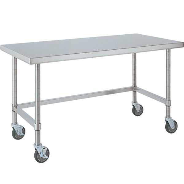 A 14 gauge stainless steel mobile work table with wheels.
