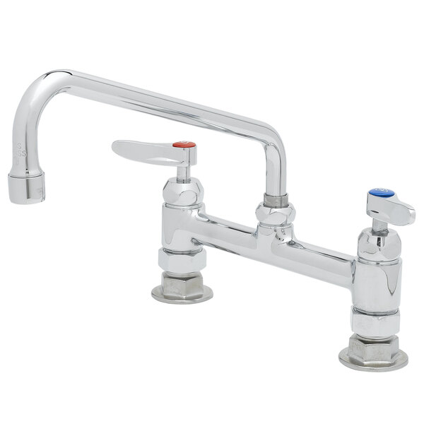 A T&S chrome deck-mounted pantry faucet with lever handles.