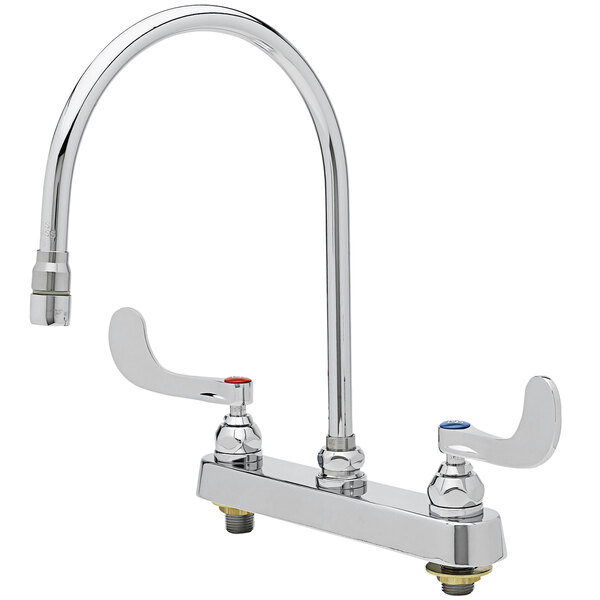 A silver deck-mounted T&S workboard faucet with wrist handles.