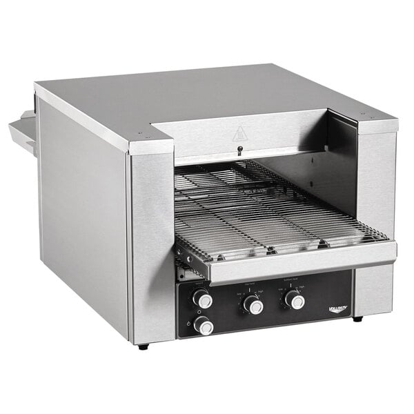 A stainless steel Vollrath countertop conveyor oven with a door open.