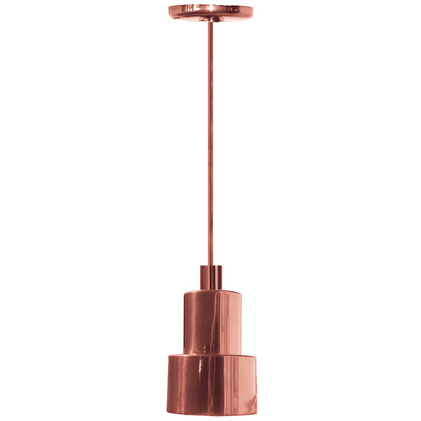 A Hanson Heat Lamps copper ceiling mount heat lamp with a long metal pole.