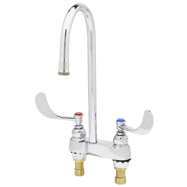 A chrome T&S deck mounted medical faucet with 5 3/4" rigid gooseneck spout and two wrist handles.