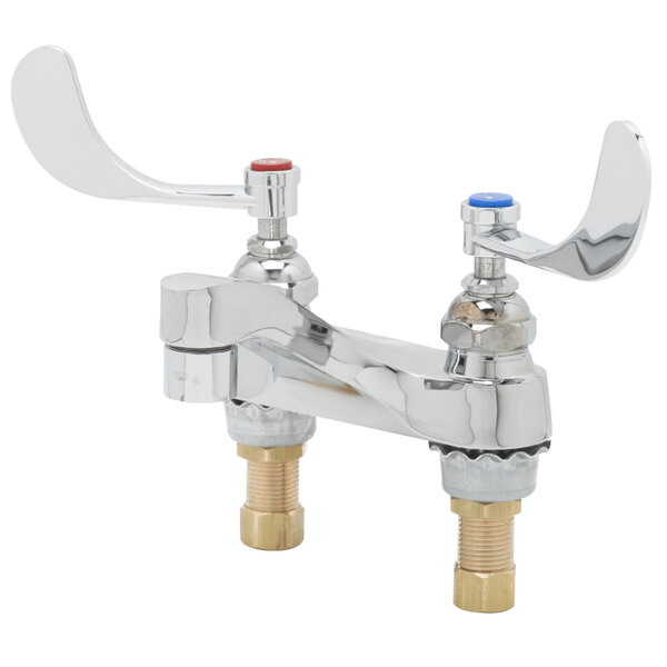 A close-up of a T&S deck mounted medical faucet with wrist handles.