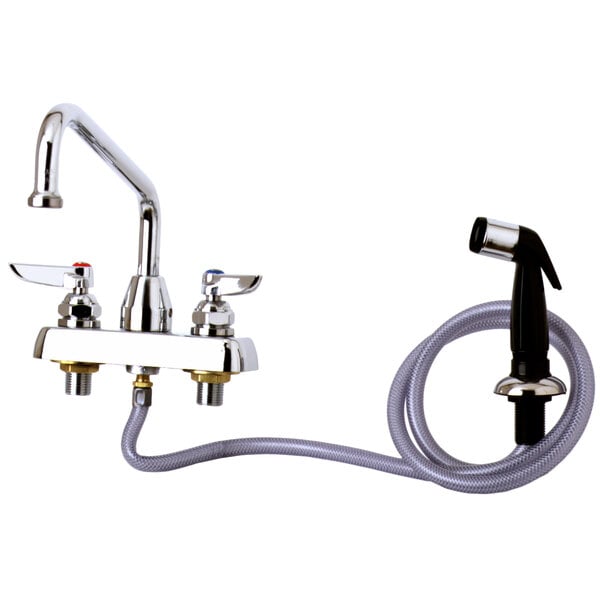 A T&S deck-mounted workboard faucet with a hose.