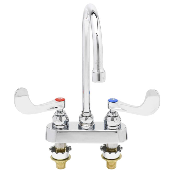 A T&S chrome deck-mounted workboard faucet with gooseneck spout and wrist handles.