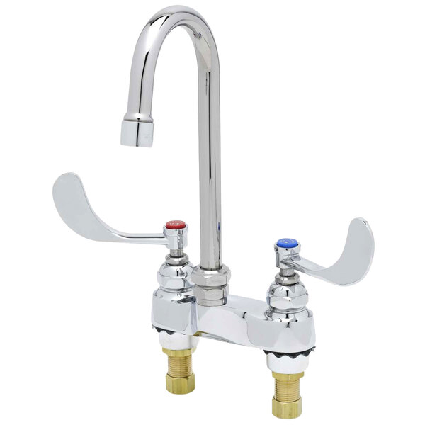 A T&S chrome deck mounted lavatory faucet with swivel gooseneck spout and wrist handles.