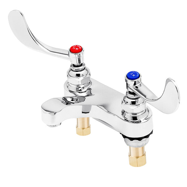 A T&S chrome deck mounted lavatory faucet with wrist handles in red and blue.